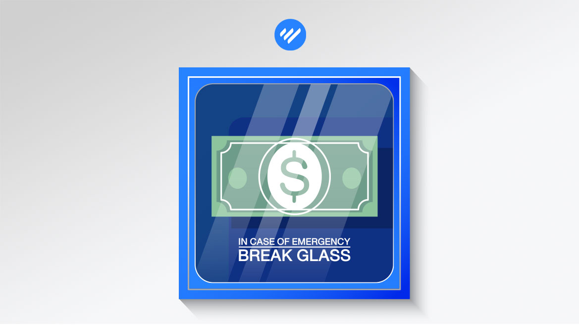 in emergency break glass window with a dollar bill inside