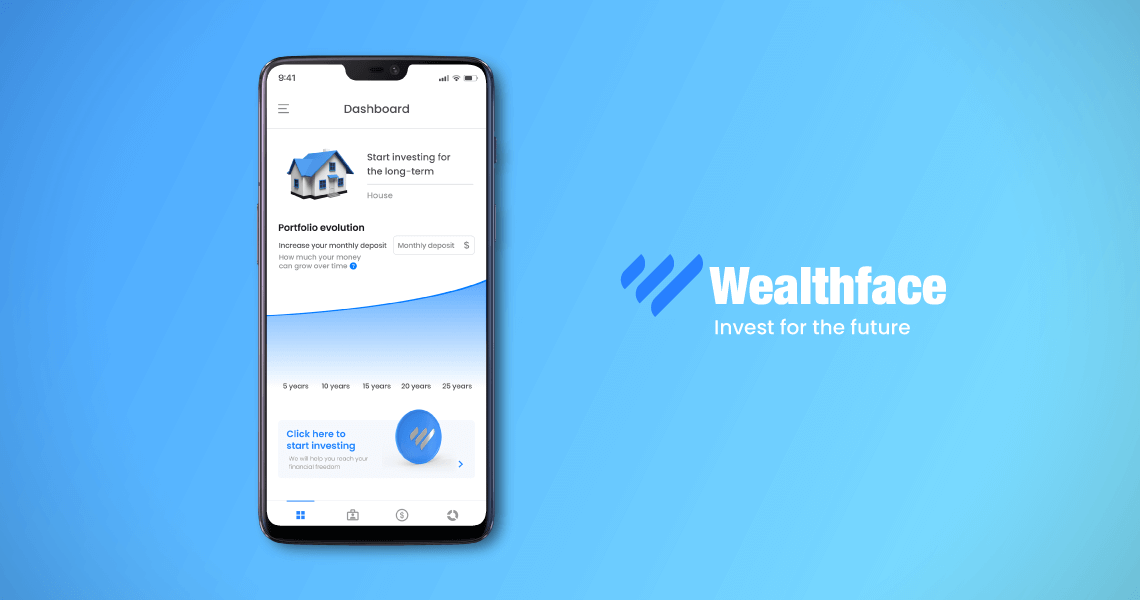 wealthface logo and mobile showing wealthface app dashboard