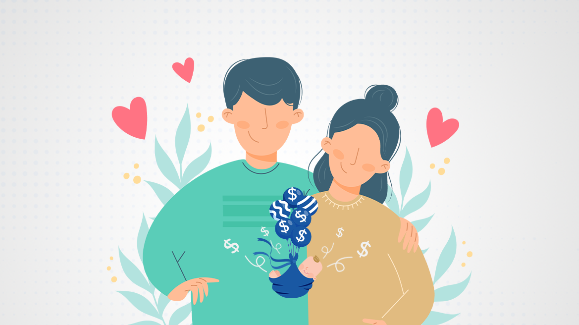 a vector couple with a baby and dollar sings